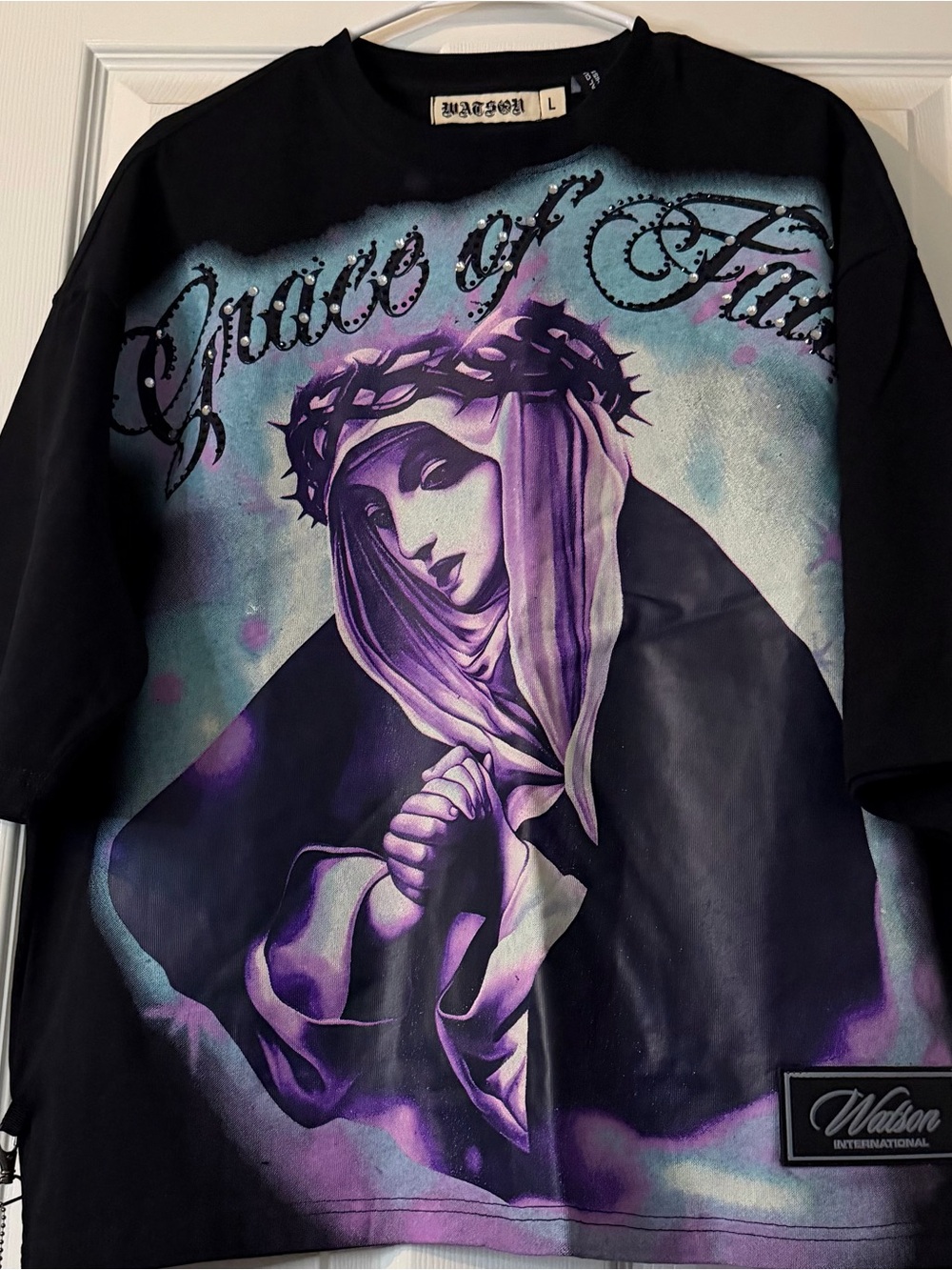 Watson Vintage-style Black and Purple Religious Art shirt
